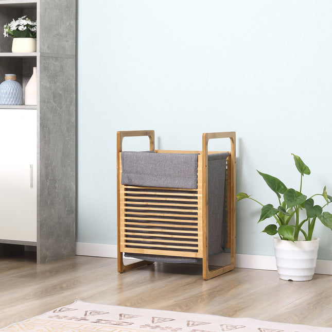 Wasmand met deksel, wasverzamelaar, wasbox met wasbare waszak, stoffen zak, bamboe, polyester, naturel + grijs, 40x35x60,5cm