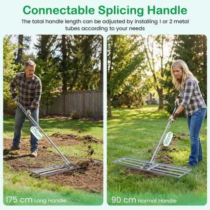 Lawn Leveling Rake, 177 cm Adjustable Handle, 106x25 cm Plate