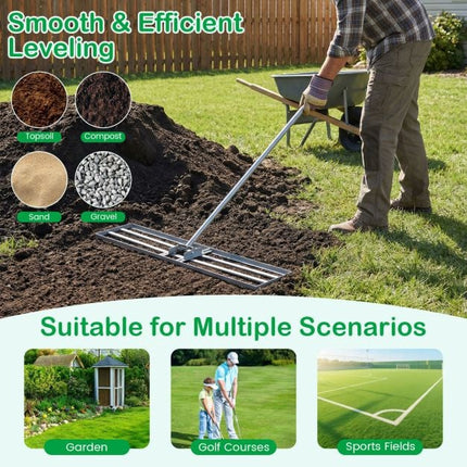 Lawn Leveling Rake, 177 cm Adjustable Handle, 106x25 cm Plate