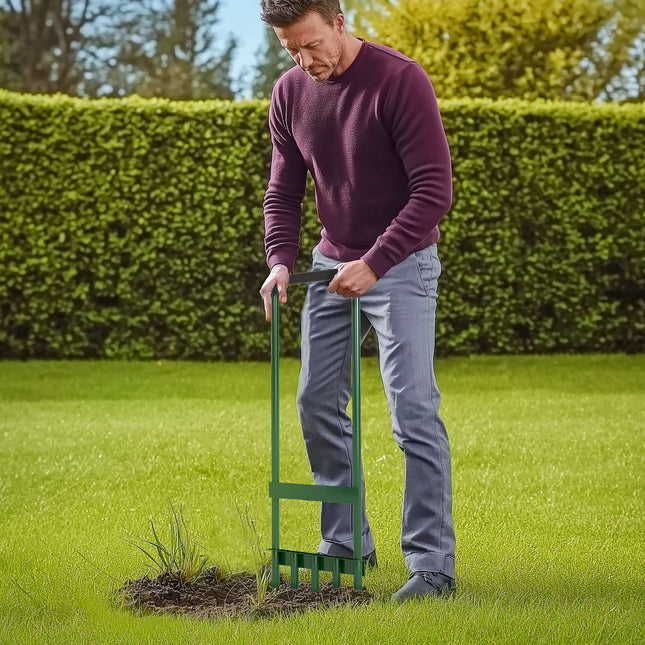 Manual lawn aerator, 30 cm wide, non-slip handle