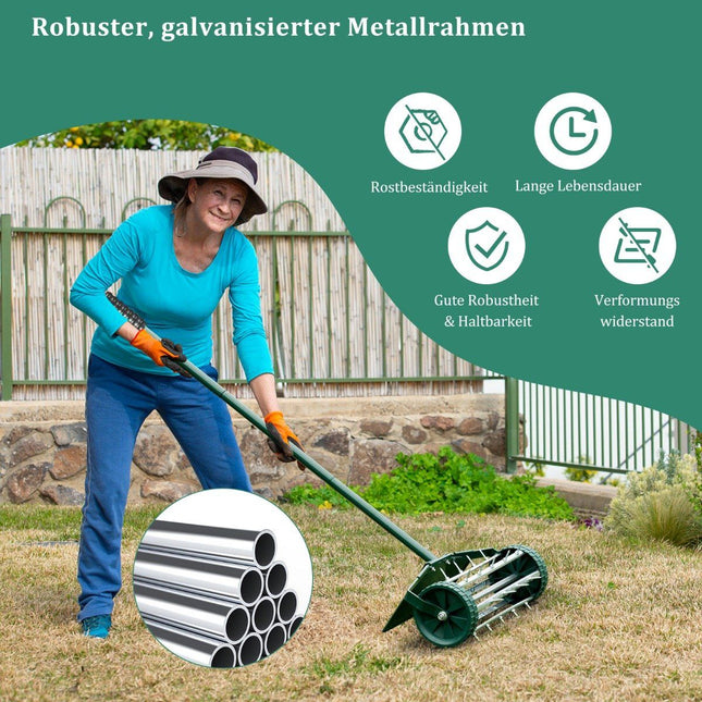 Lawn aerator roller lawn roller with handle & 3cm nails & splash guard 46 x 23 x 127 cm dark green and silver