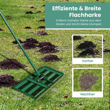 Lawn leveling rake with ergonomic handle for the ground 75 x 25 cm green
