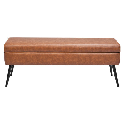 Leather Storage Ottoman Bench – PU, 40-In, Metal Legs, Brown