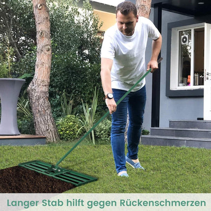 Leveling rake with ergonomic handle, robust lawn tool, leveling rake, surface leveler, 106 x 25 cm, green