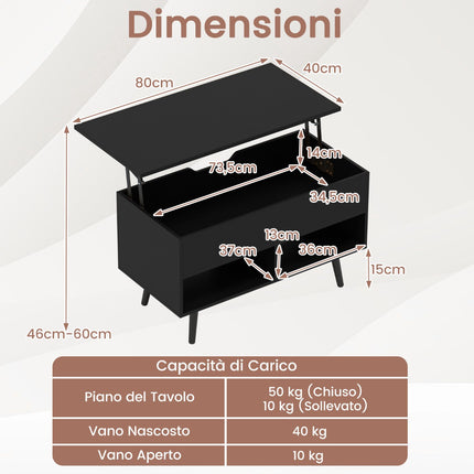 Lift-Top Coffee Table, Black, Hidden Storage, 2 Shelves