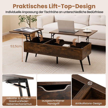 Lift-Top Coffee Table with Hidden Storage, Adjustable Height