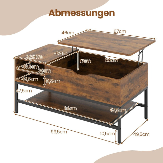 Lift-Top Coffee Table with Hidden Storage, Brown Wood