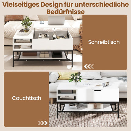 Lift-Top Coffee Table with Hidden Storage, White Wood