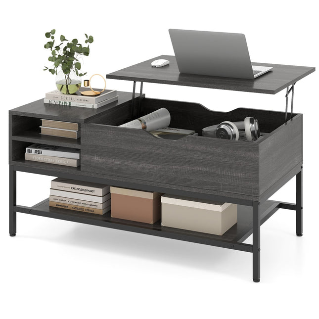 Lift-Top Coffee Table with Storage, Adjustable Height, Gray
