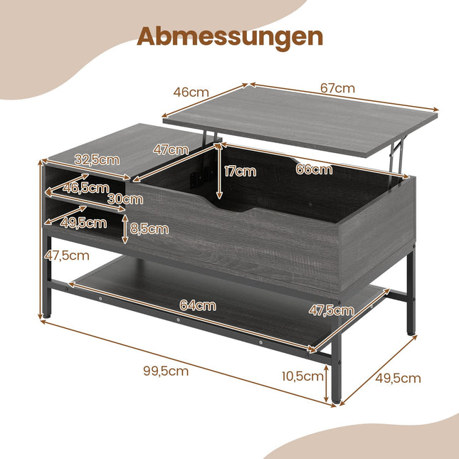 Lift-Top Coffee Table with Storage, Adjustable Height, Gray