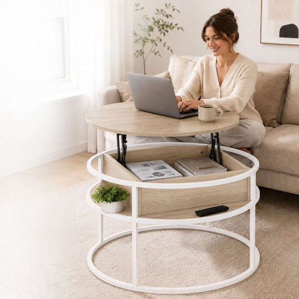 Lift-Top Coffee Table with Storage, White-Beige