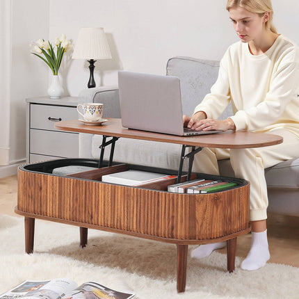 Lift Top Oval Coffee Table, Fluted Walnut, 3 Storage
