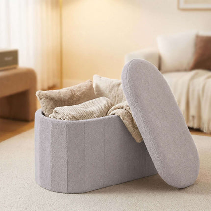 Light Grey Teddy Fabric Storage Bench – 76 cm Oval