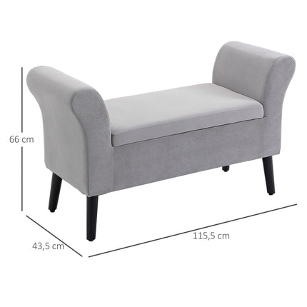 Light gray velvet upholstered bench with storage - modern design