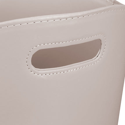 Light gray wooden basket in imitation leather
