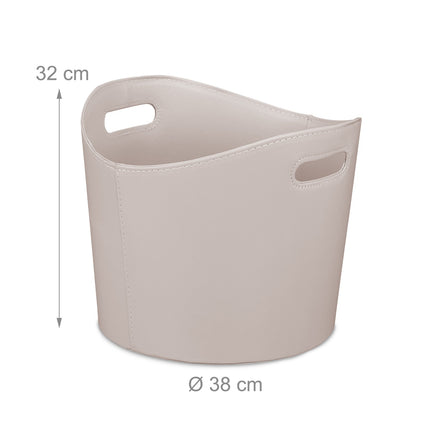 Light gray wooden basket in imitation leather