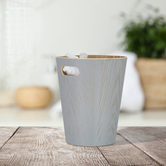 Light gray wooden wastebasket
