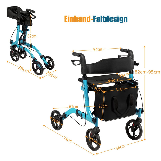 Lightweight Foldable Rollator, Adjustable Height, Blue