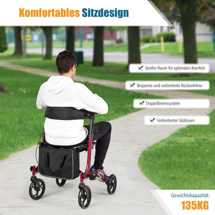 Lightweight Foldable Rollator, Adjustable Height, Red