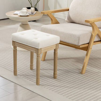 Linen Ottoman Bench, Padded Seat, Wood Legs, 42x32x46.5 cm, Beige