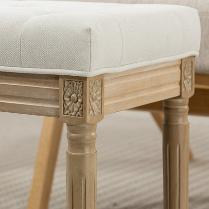 Linen Ottoman Bench, Padded Seat, Wood Legs, 42x32x46.5 cm, Beige