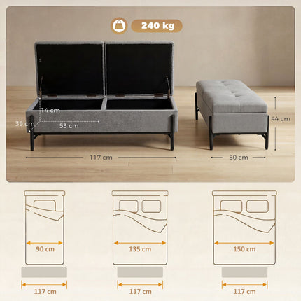 Linen Storage Bench with Dual Compartments, 117 x 50 x 44 cm