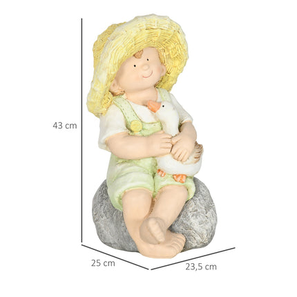 Weatherproof 43cm Straw Hat Boy Garden Statue Decor
