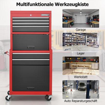 Lockable 2-in-1 High Capacity Tool Chest Handle 6 Drawers & 4 Wheels Red + Black