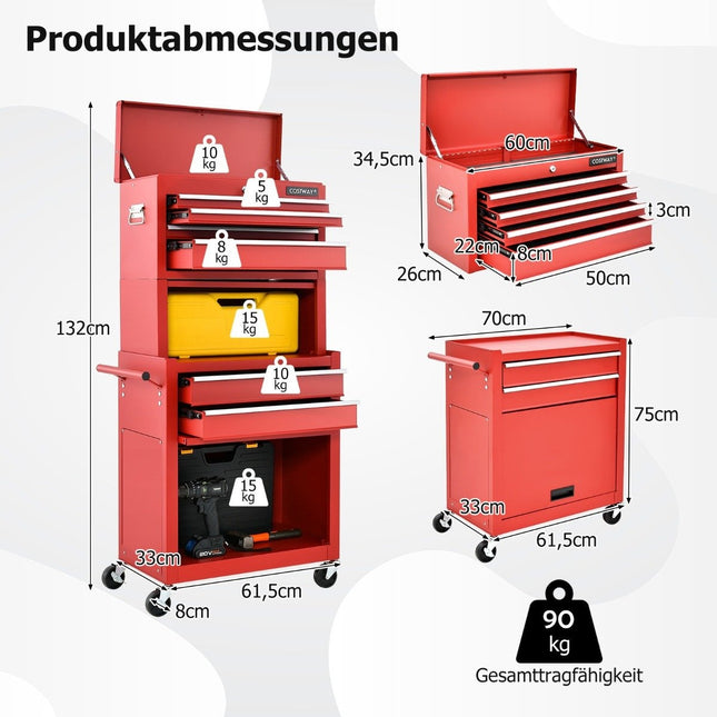 Lockable 2-in-1 Tool Chest with High Capacity Handle 6 Drawers & 4 Wheels Removable Red