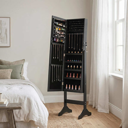 Lockable Black Jewelry Cabinet with Full-Length Mirror