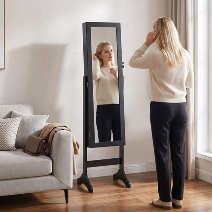 Lockable Black Jewelry Cabinet with Full-Length Mirror