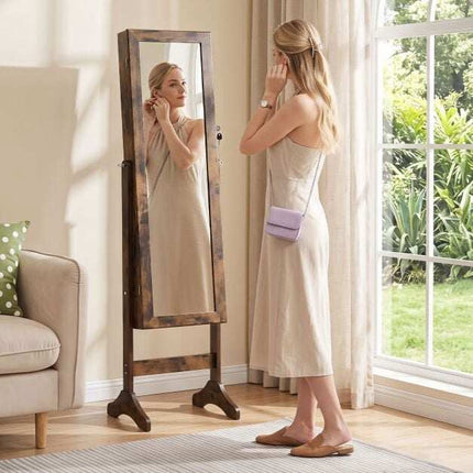 Lockable Brown Jewelry Cabinet with Full-Length Mirror