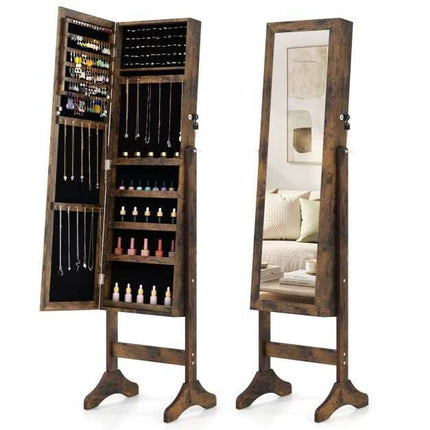 Lockable Brown Jewelry Cabinet with Full-Length Mirror
