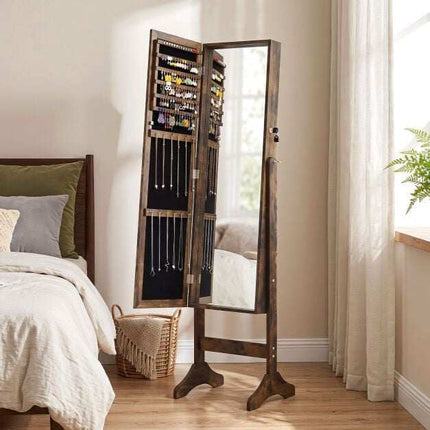 Lockable Brown Jewelry Cabinet with Full-Length Mirror