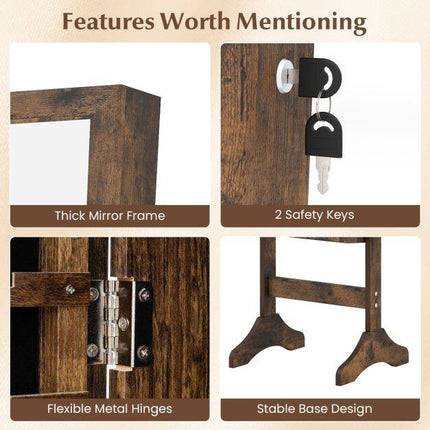 Lockable Brown Jewelry Cabinet with Full-Length Mirror