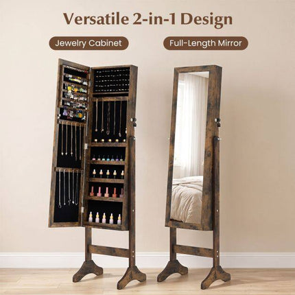 Lockable Brown Jewelry Cabinet with Full-Length Mirror