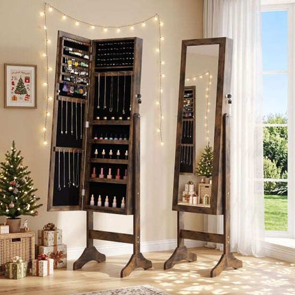 Lockable Brown Jewelry Cabinet with Full-Length Mirror