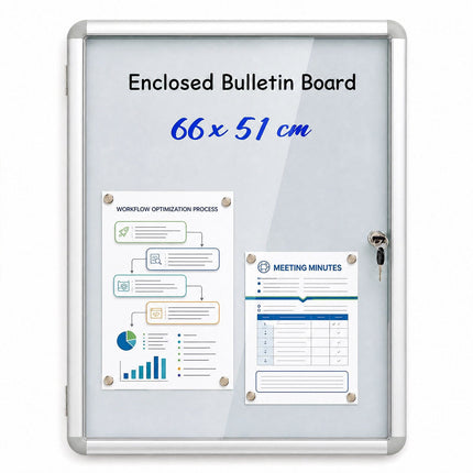 Lockable Display Case, Magnetic Whiteboard, 84x54 cm, Silver