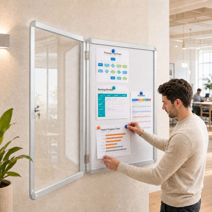 Lockable Display Case, Magnetic Whiteboard, 84x54 cm, Silver