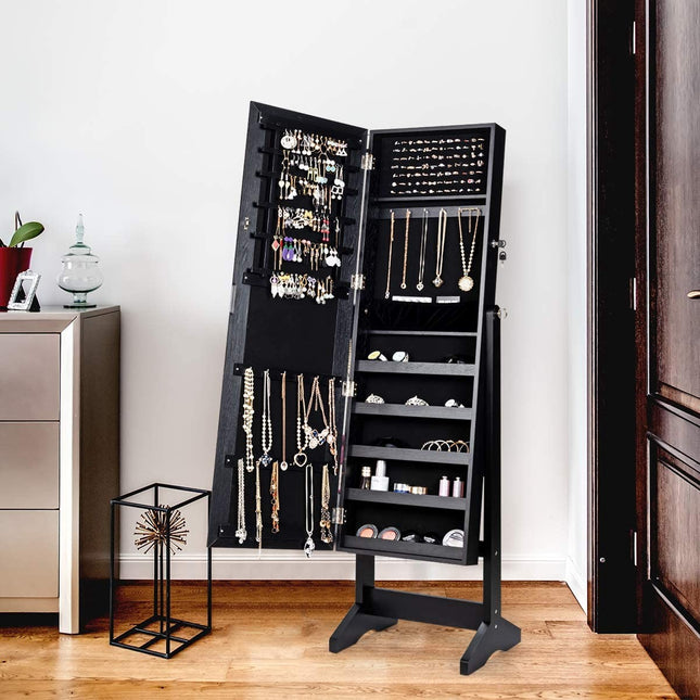 Lockable Jewelry Armoire with Full-Length Mirror, Black