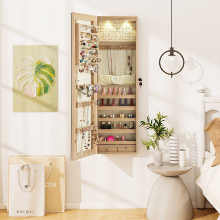 Lockable Jewelry Cabinet With Mirror, LED, Wall Mount