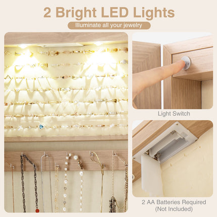 Lockable Jewelry Cabinet With Mirror, LED, Wall Mount