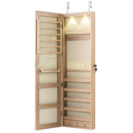 Lockable Jewelry Cabinet With Mirror, LED, Wall Mount