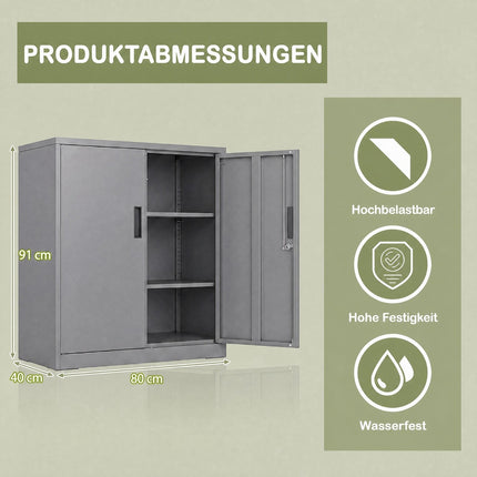 Lockable Metal Filing Cabinet, Grey, 2 Adjustable Shelves