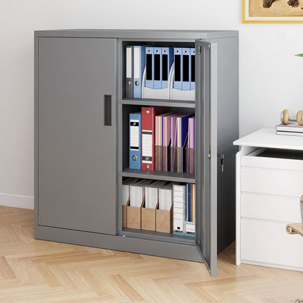 Lockable Metal Filing Cabinet, Grey, 2 Adjustable Shelves