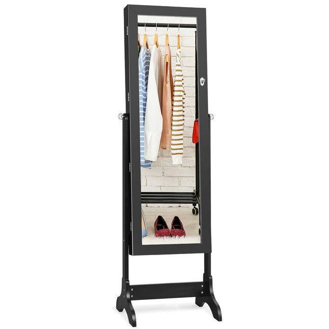 Lockable Mirrored Jewelry Cabinet, Full-Length Mirror, Black