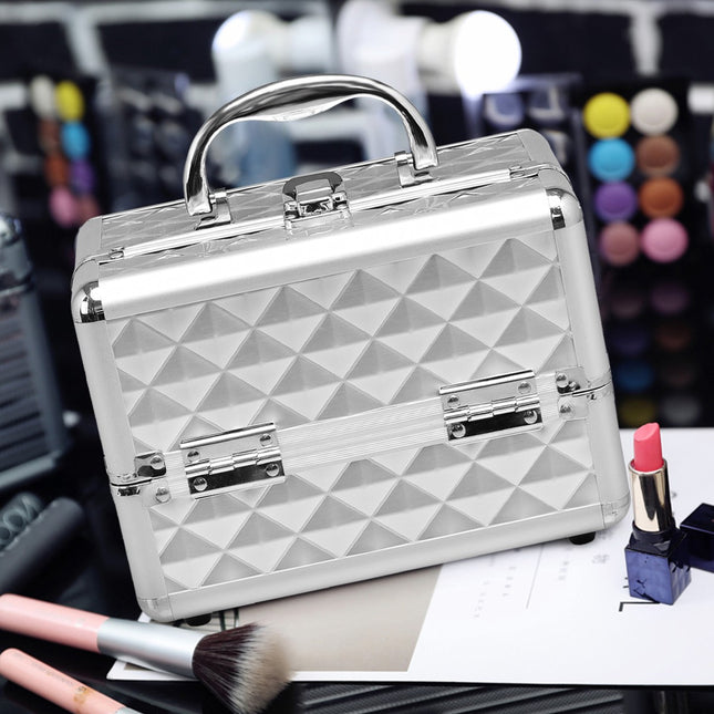 Lockable Portable Makeup Train Case, Mirror, Silver