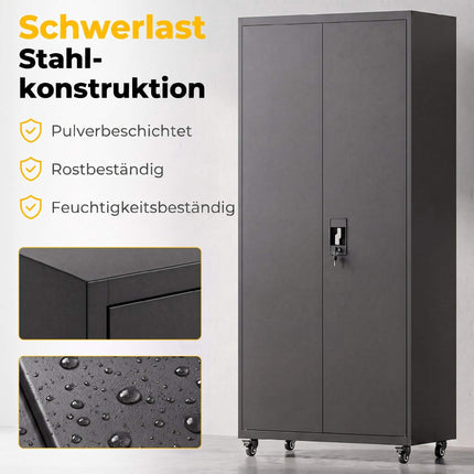 Lockable Steel Storage Cabinet with Wheels, Adjustable Shelves