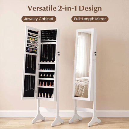 Lockable White Jewelry Cabinet with Full-Length Mirror
