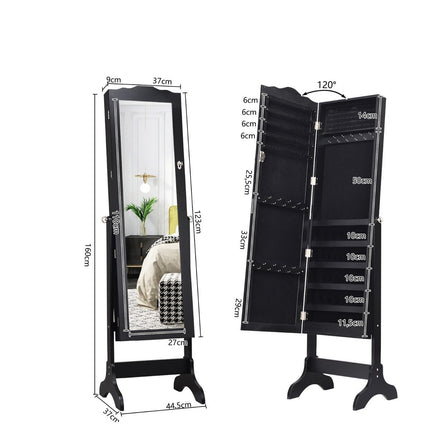 Lockable jewelry cabinet with adjustable angle & full-length mirror jewelry rack black
